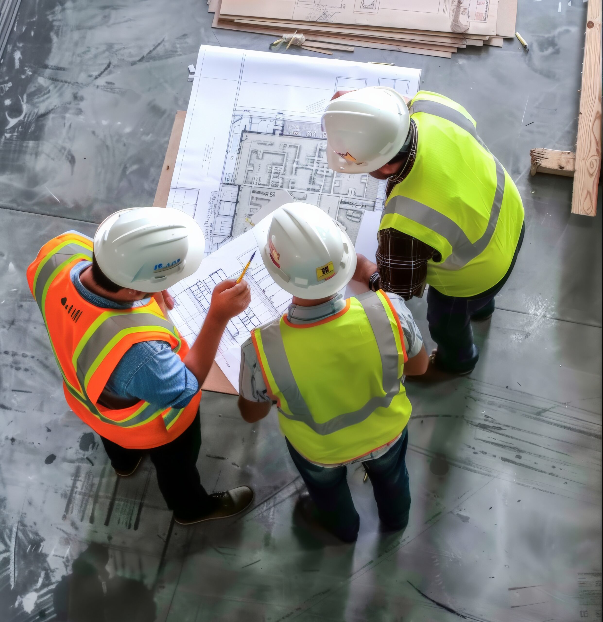 Engineers reviewing blueprints on job site